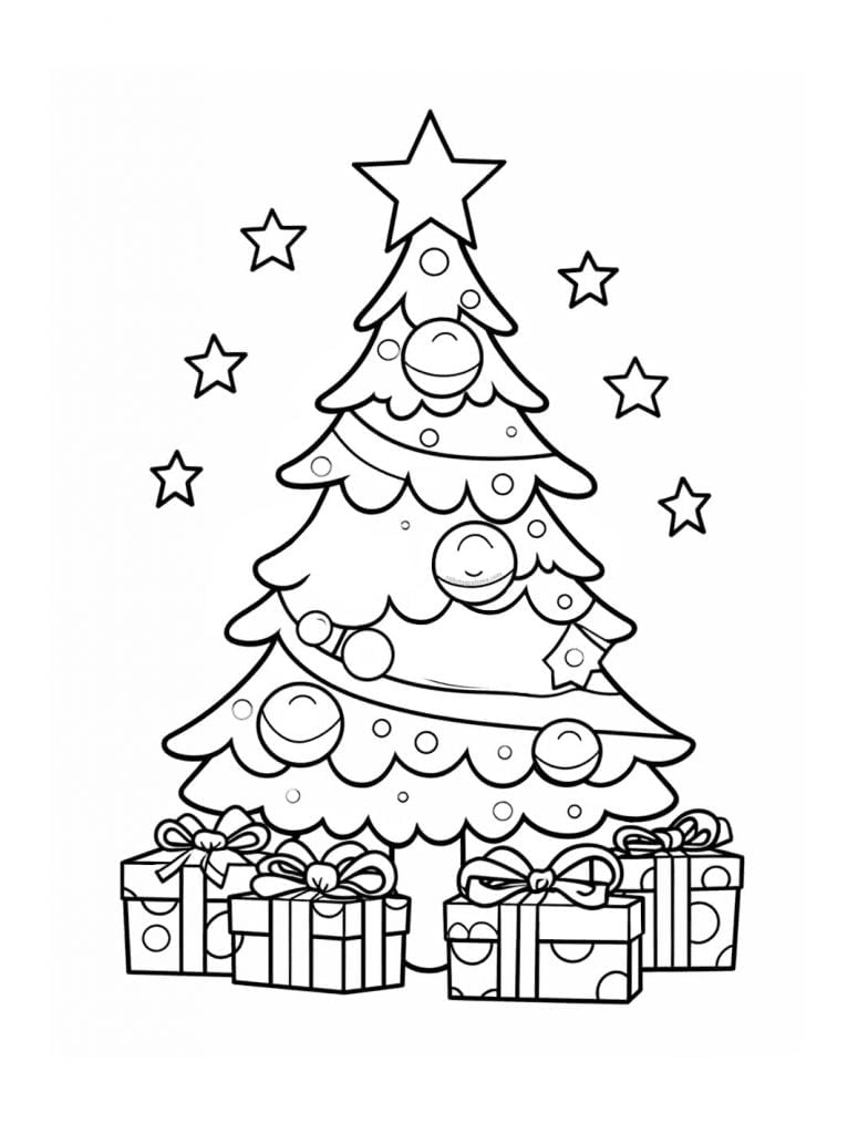 Dibujo para colorear de un árbol de Navidad con adornos y regalos