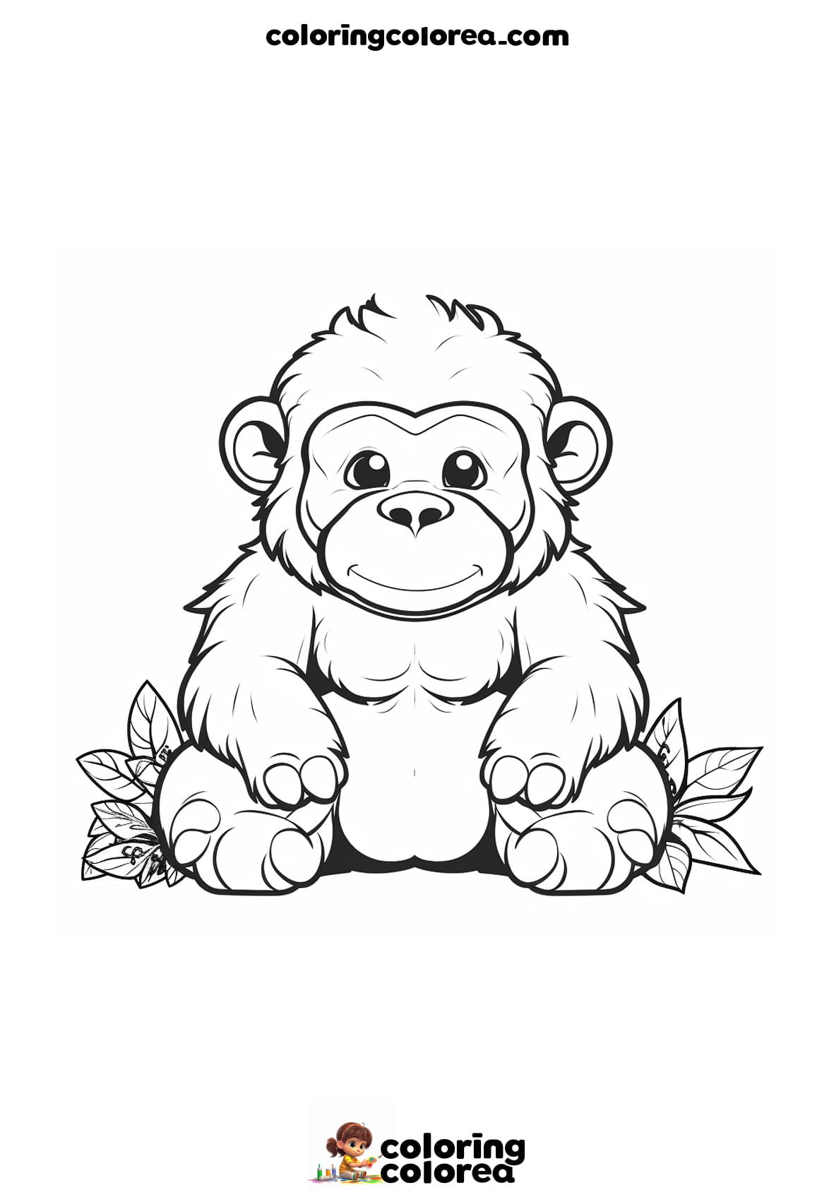 Dibujo para colorear gratis de un pequeño bebé gorila sentado de frente