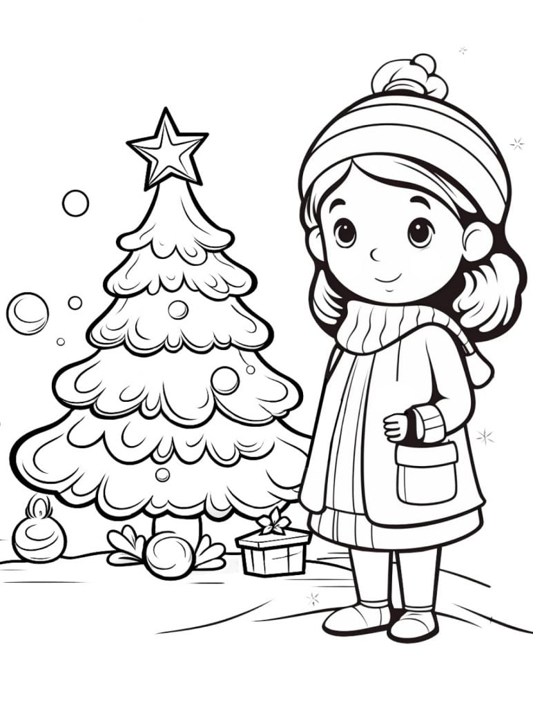Colorear gratis dibujo de una niña junto al árbol de Navidad