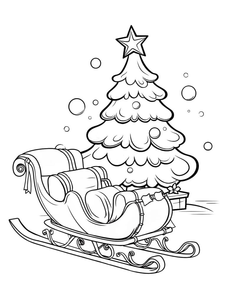 Dibujo para colorear del trineo de Papá noel con un árbol de Navidad