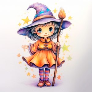 Niña disfrazada de bruja con su escoba en Halloween, coloreado con ceras, crayones