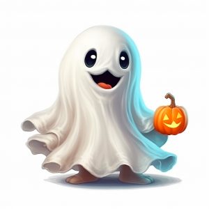 Pequeño fantasma contento coloreado con calabaza de halloween