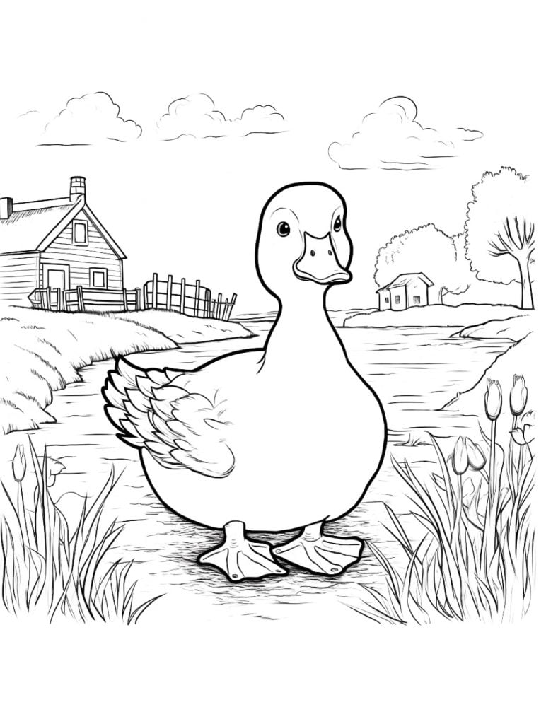 Colorear el dibujo de un pato cerca de la granja