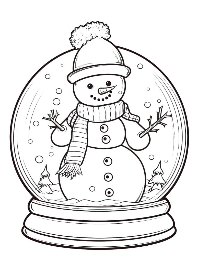 Dibujo para colorear de una bola de nieve con un muñeco de nieve dentro
