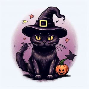 Gato negro de con calabaza de Halloween y gorro de bruja en tonos morados