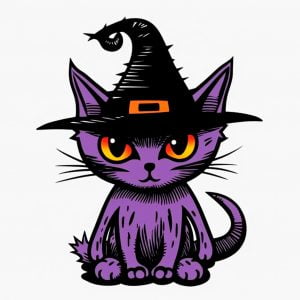 Gato de Halloween en ecolor morado con gorro de bruja