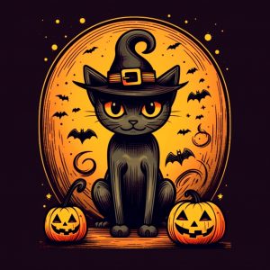Gato negro en Halloween con fondo naranja y murciélagos