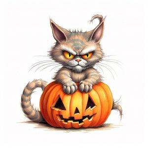 Pequeño gato enfadado con calabaza de Halloween