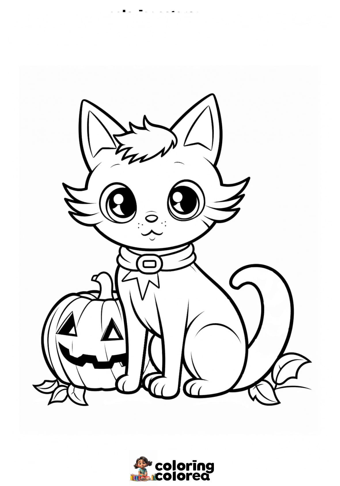 Dibujo para colorear de un gatito en Halloween con calabaza