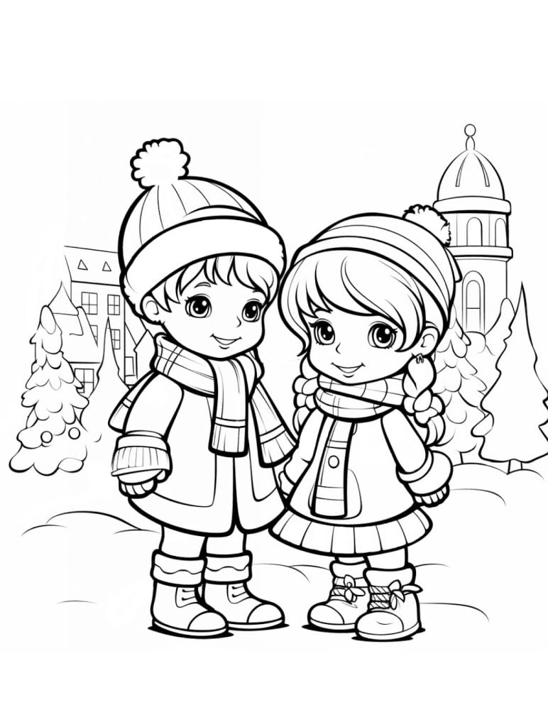 Colorear postal de niño y niña en invierno
