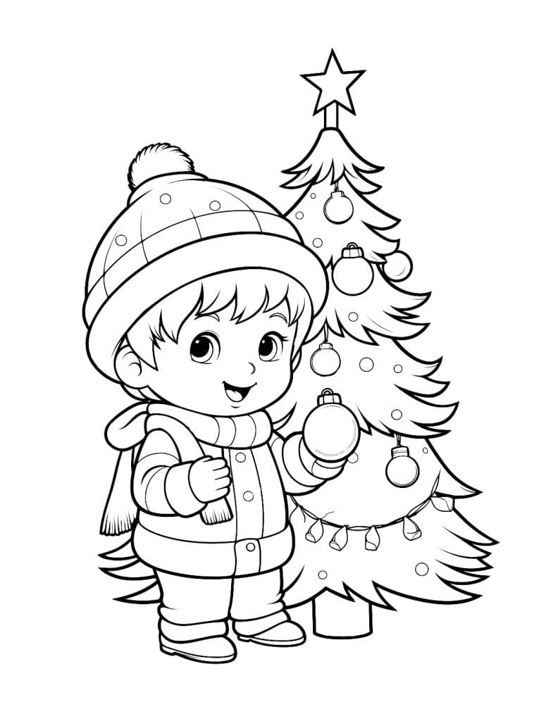 Dibujo para colorear de un niño colocando las bolas de Navidad en el árbol