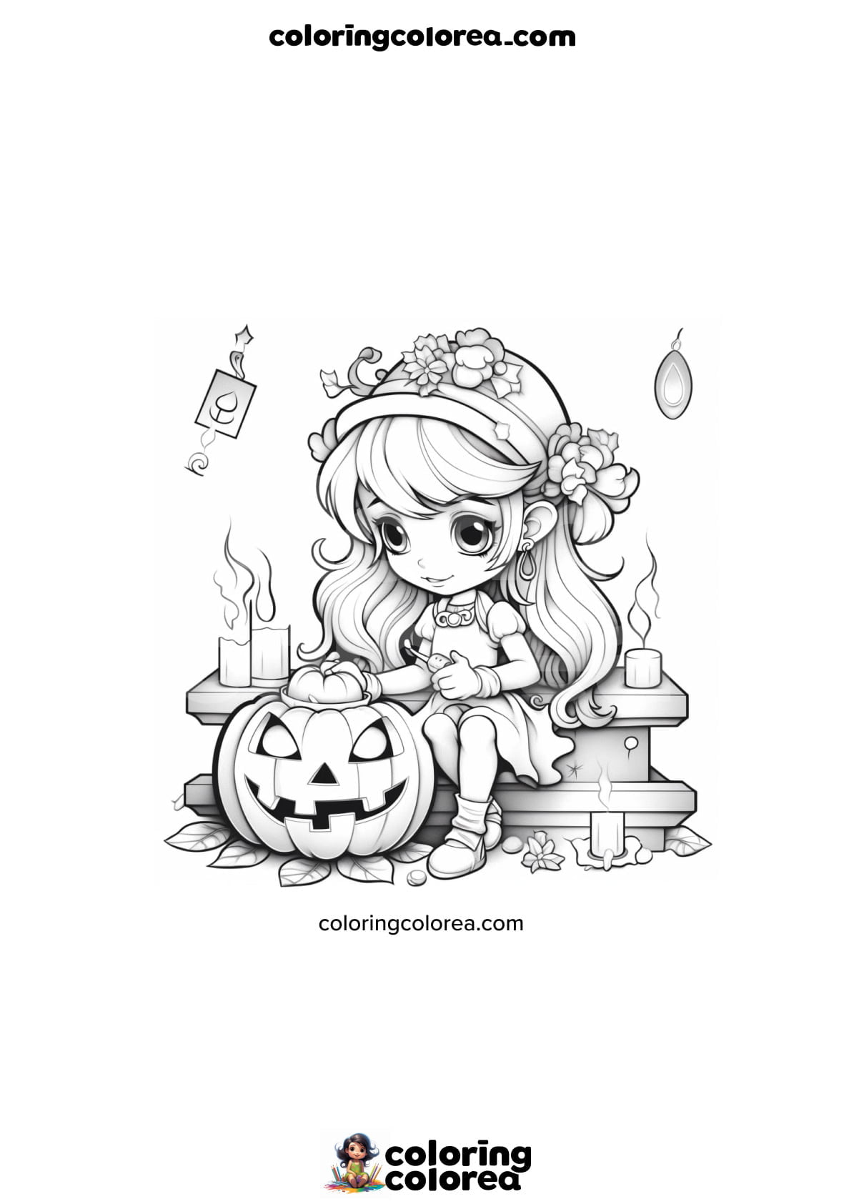 Dibujo para colorear de una niña decorando una calabaza de Halloween